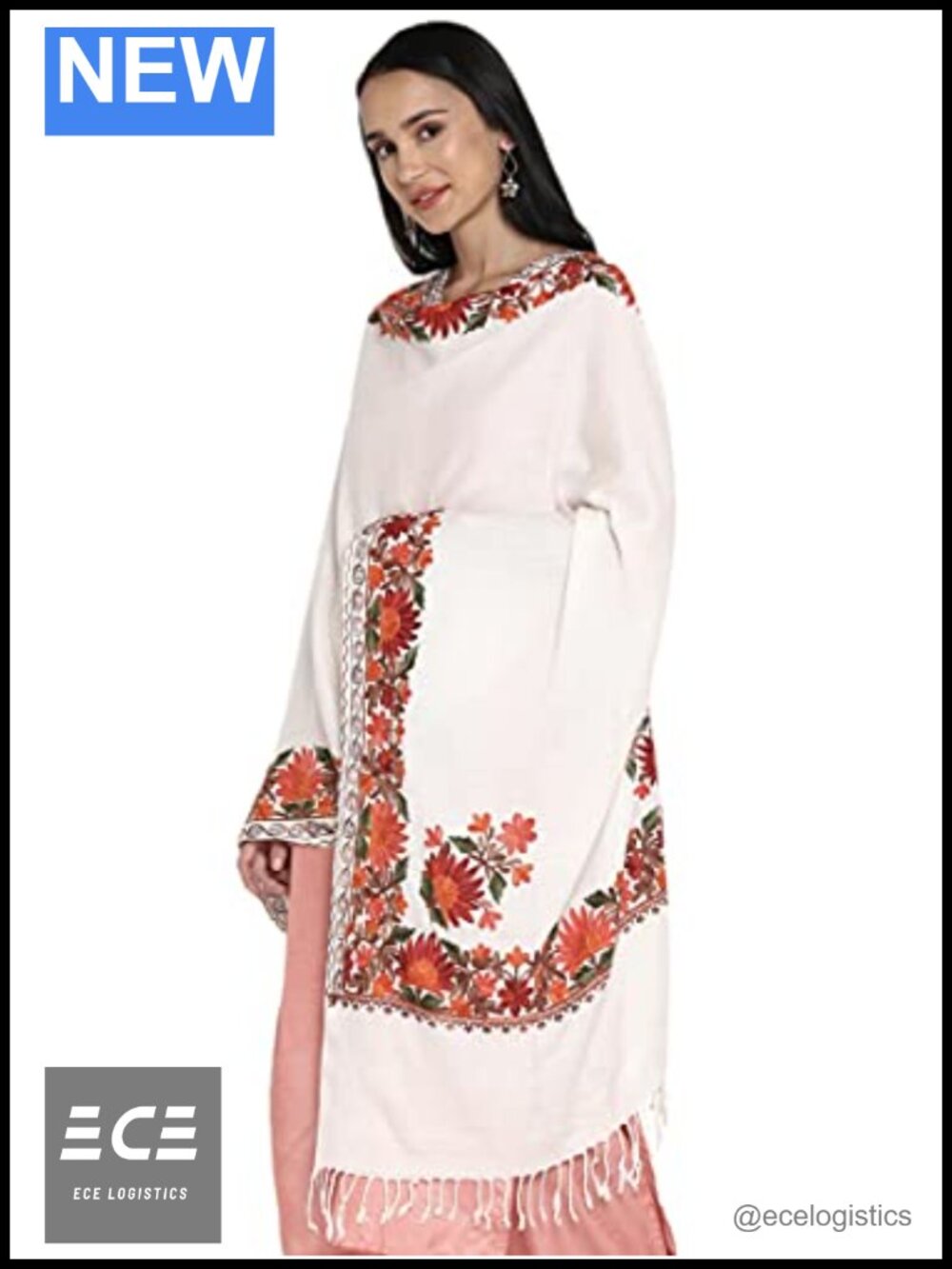 Embroidered Faux Pashmina Wool Wrap Oversized Winter Shawl Stole